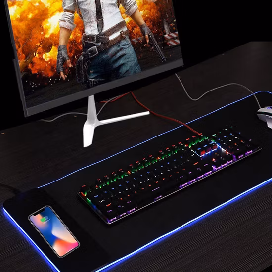 무선 충전기 데스크 매트가 있는 맞춤형 고속 15W 무선 ​​충전 키보드 매트 RGB LED 조명 게임용 마우스 패드
